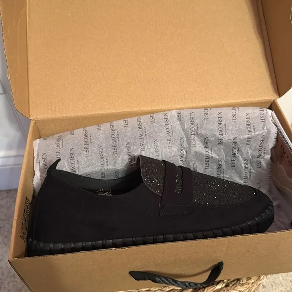 Ilse Jacobsen Black Tulip Slip-On Shoes with Glitter Detail- NIB